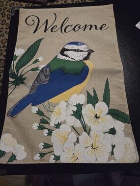 Welcome Bird Garden Flag with Blue, Green & Yellow Bird